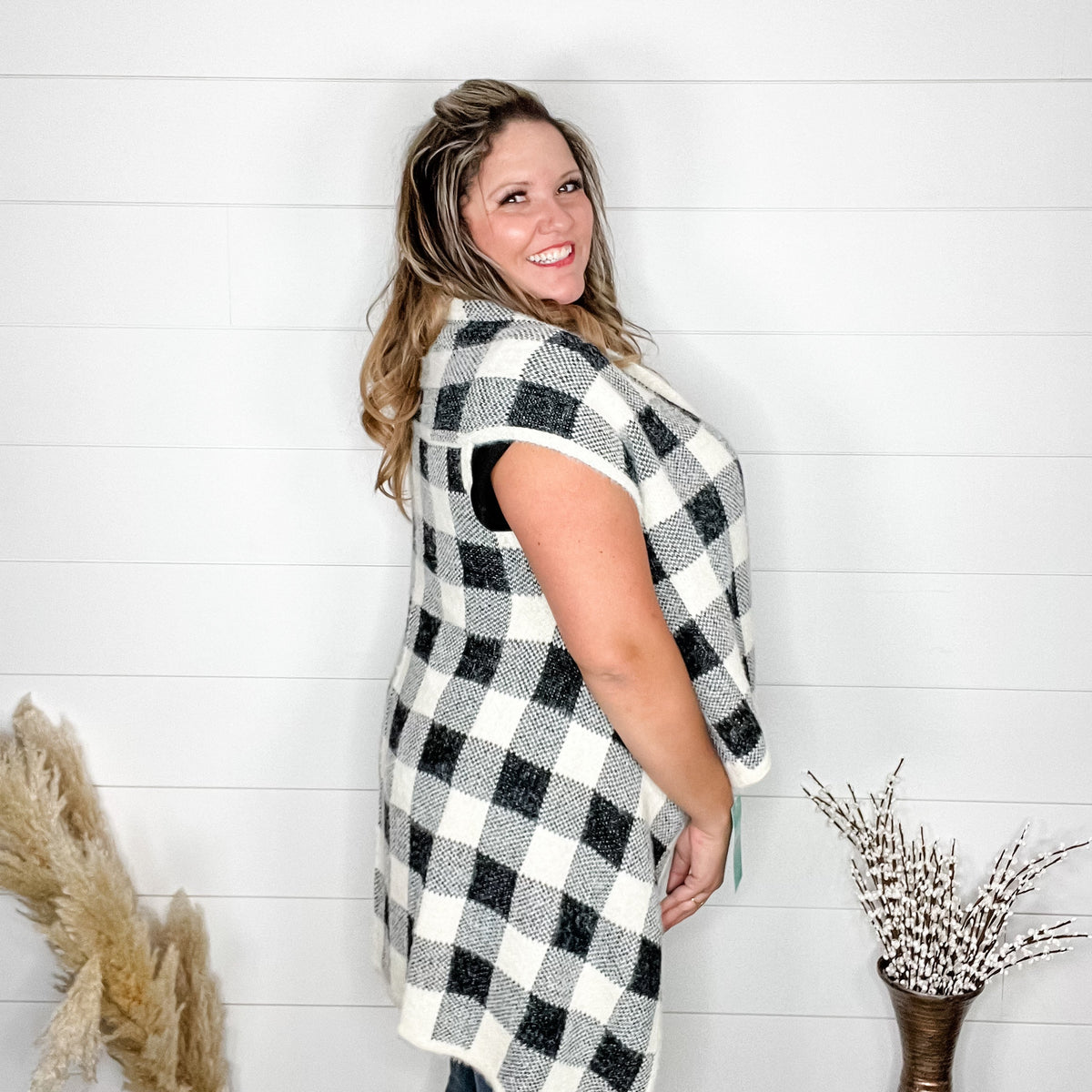 Plaid Oversized Sweater Vest (Black & White)-Lola Monroe Boutique