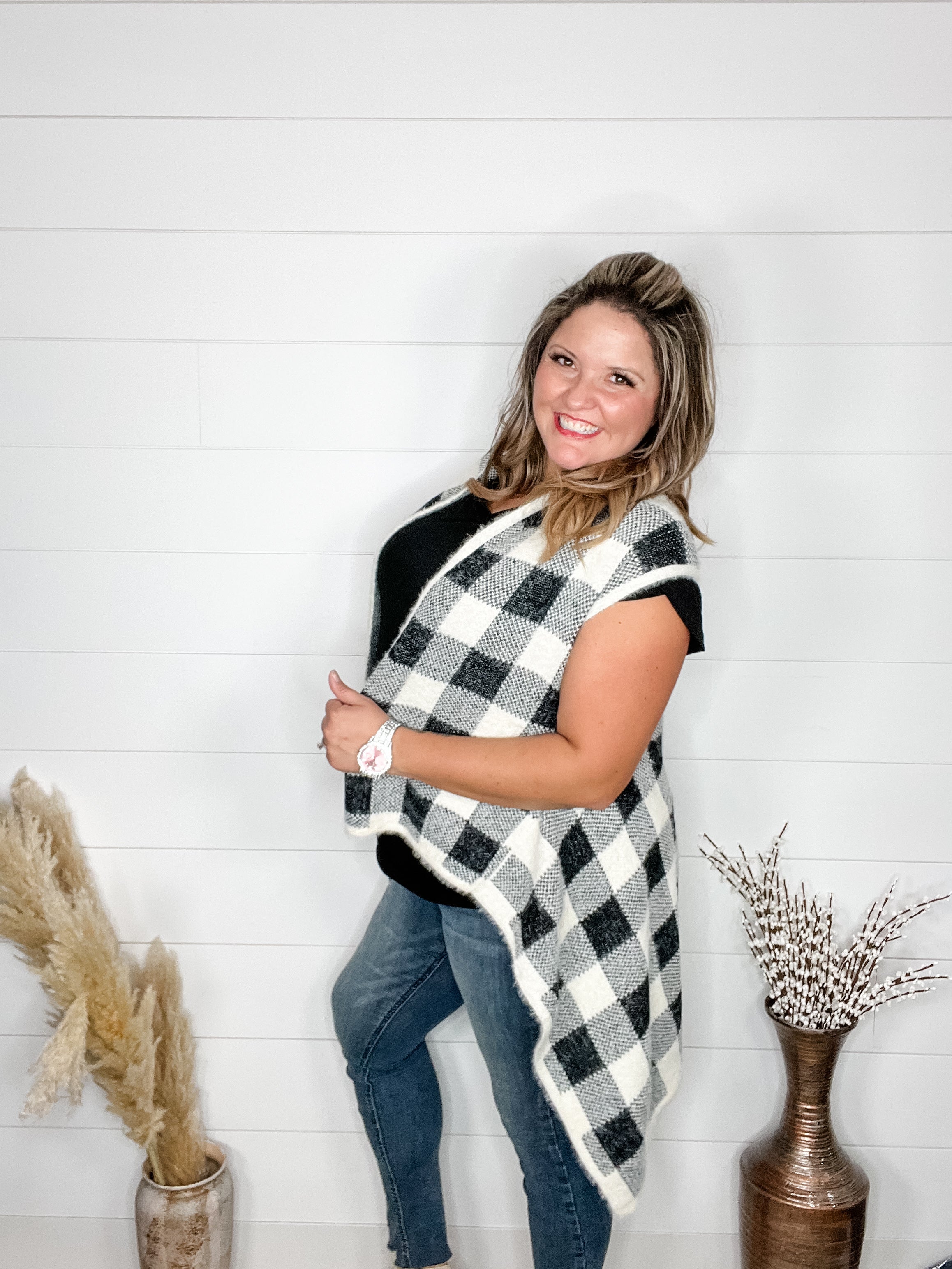 Plaid Oversized Sweater Vest (Black & White)-Lola Monroe Boutique