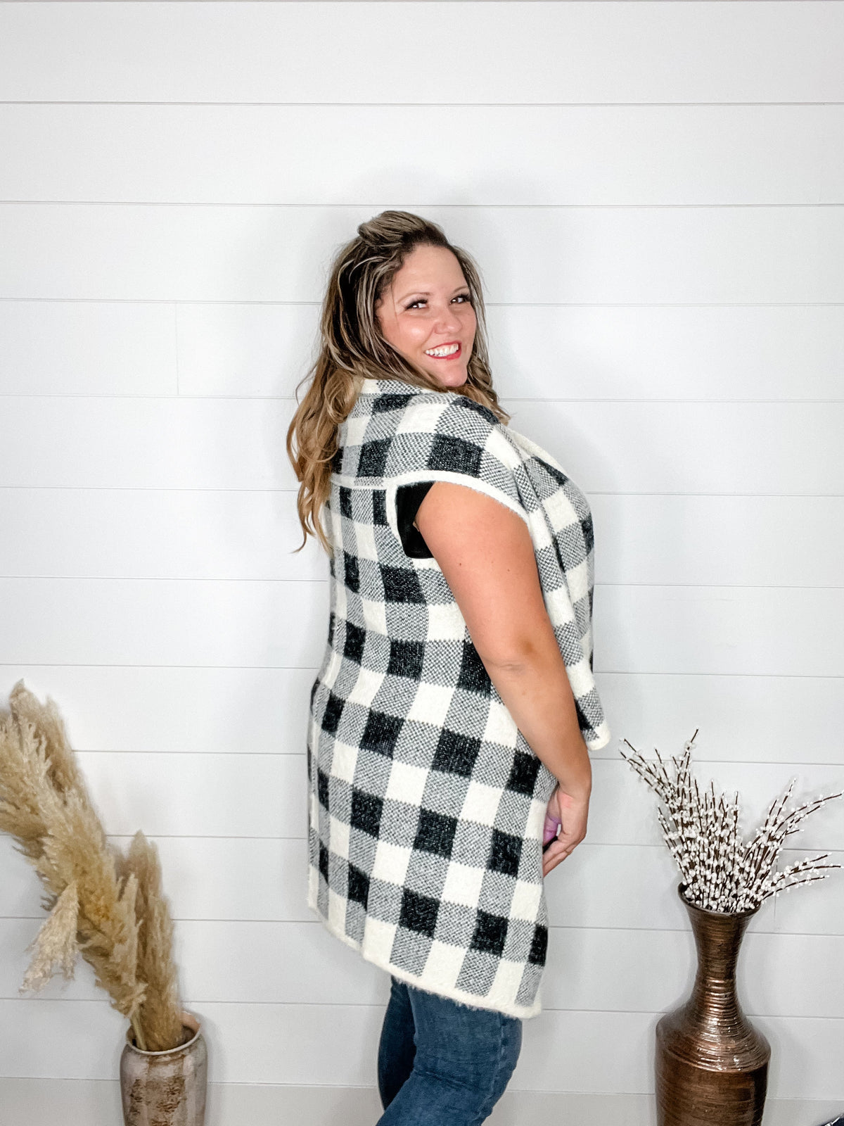 Plaid Oversized Sweater Vest (Black & White)-Lola Monroe Boutique