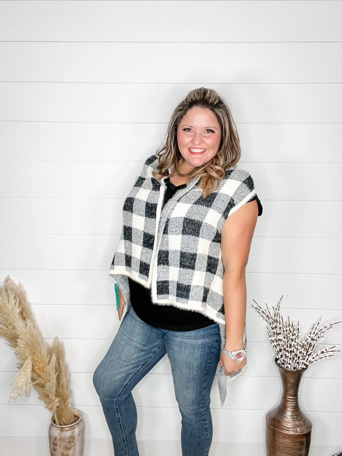 Plaid Oversized Sweater Vest (Black & White)-Lola Monroe Boutique