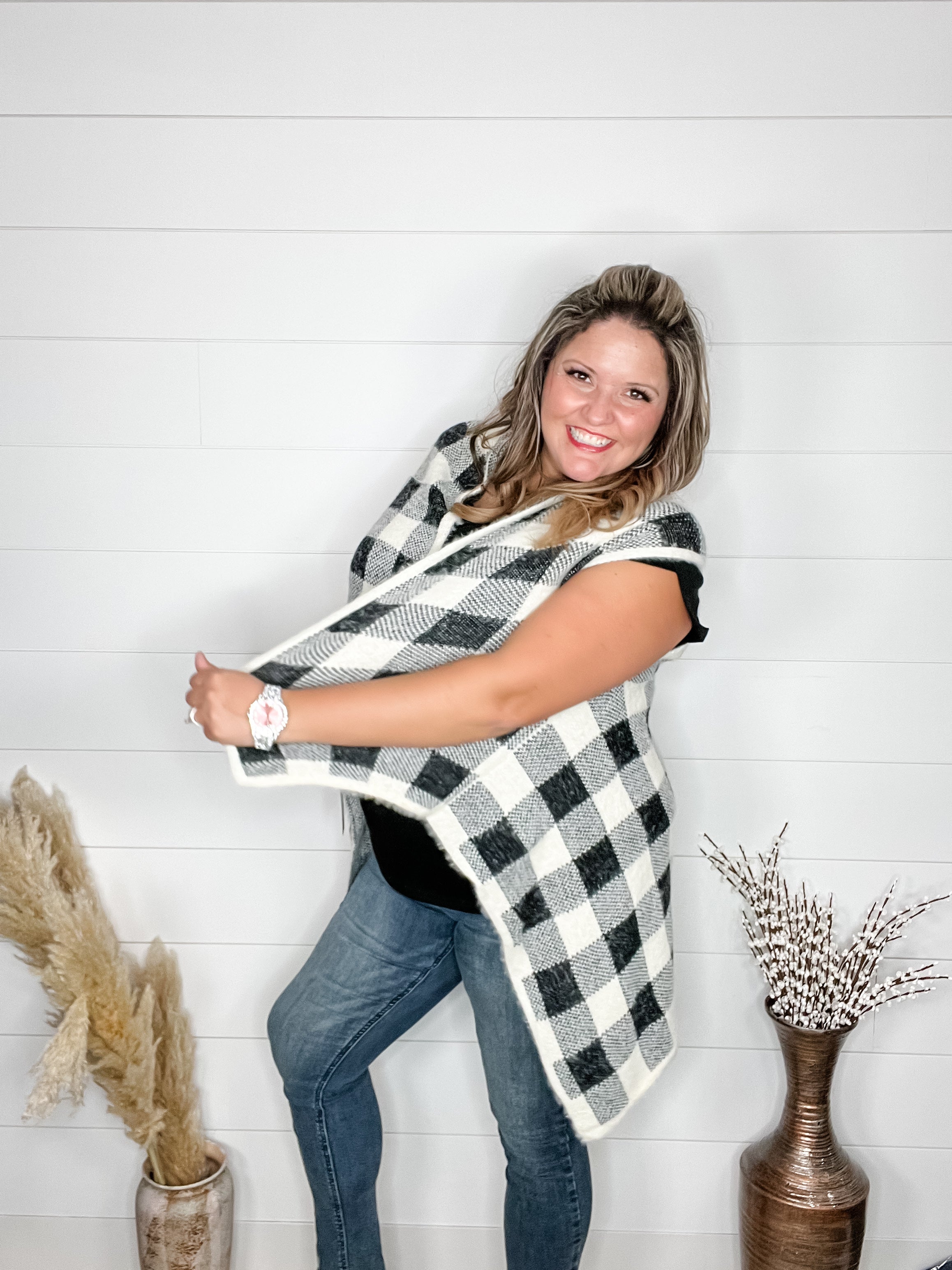 Plaid Oversized Sweater Vest (Black & White)-Lola Monroe Boutique