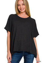 "Ponder" Oversized Hacci Tee with Chest Pocket (Black)-Lola Monroe Boutique