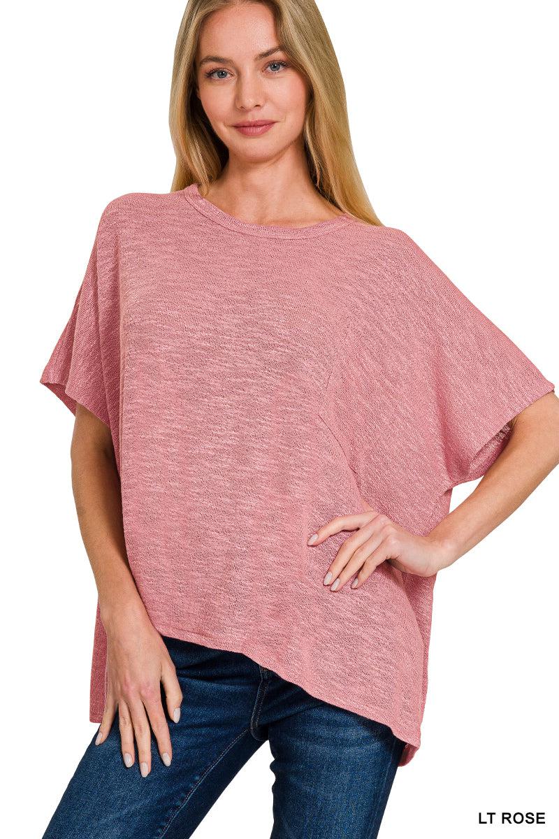 "Ponder" Oversized Hacci Tee with Chest Pocket (Light Rose)-Lola Monroe Boutique