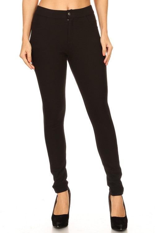 Ponte Knit Skinny Trouser with Front Button & Zipper Closure (Black)-Lola Monroe Boutique
