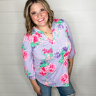 "Prelude" Floral Lizzy 3/4 Sleeve Split Neck Tops-Lola Monroe Boutique