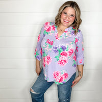 "Prelude" Floral Lizzy 3/4 Sleeve Split Neck Tops-Lola Monroe Boutique