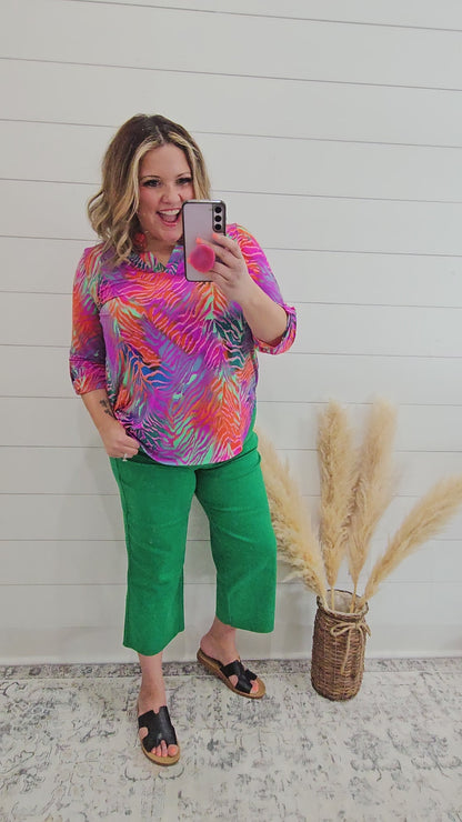 Judy Blue "Seeing Green" Kelly Green Tummy Control Wide Leg Crops