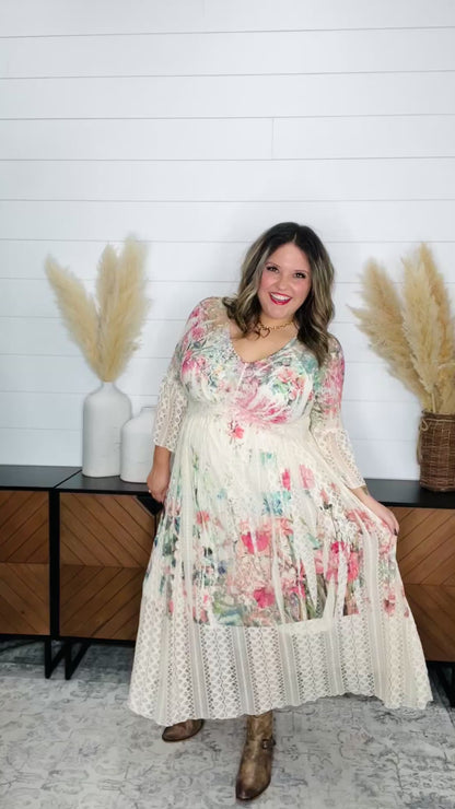 "Country In The Park" Long Sleeve V Neck Lace Maxi Dress