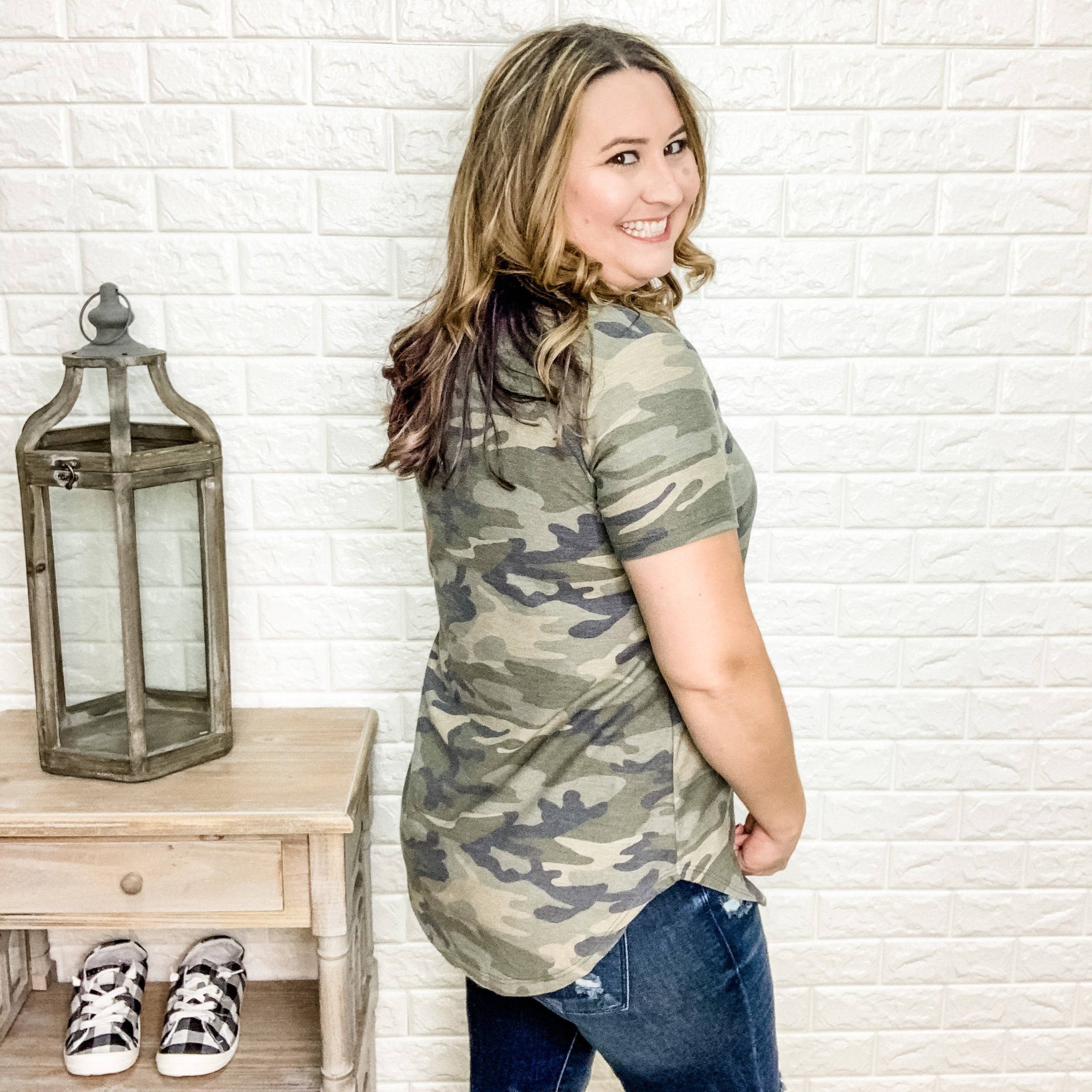 "Private Benjamin" V-Neck Camo Tee-Lola Monroe Boutique