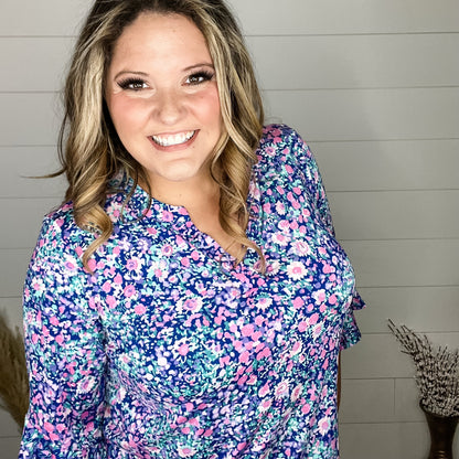 "Quiche" 3/4 Bell Sleeve Split Neck-Lola Monroe Boutique