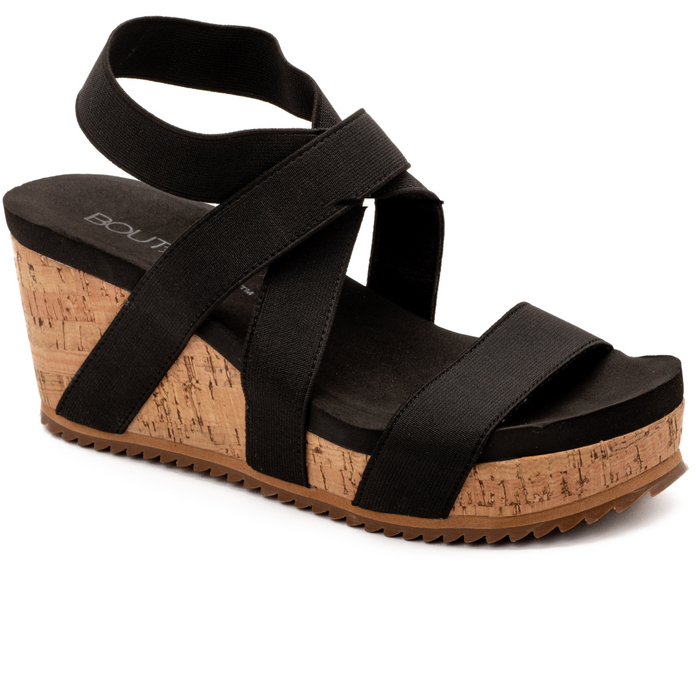 "Quirky" Elastic Strap Cork Wedge Sandal (Black)-Lola Monroe Boutique