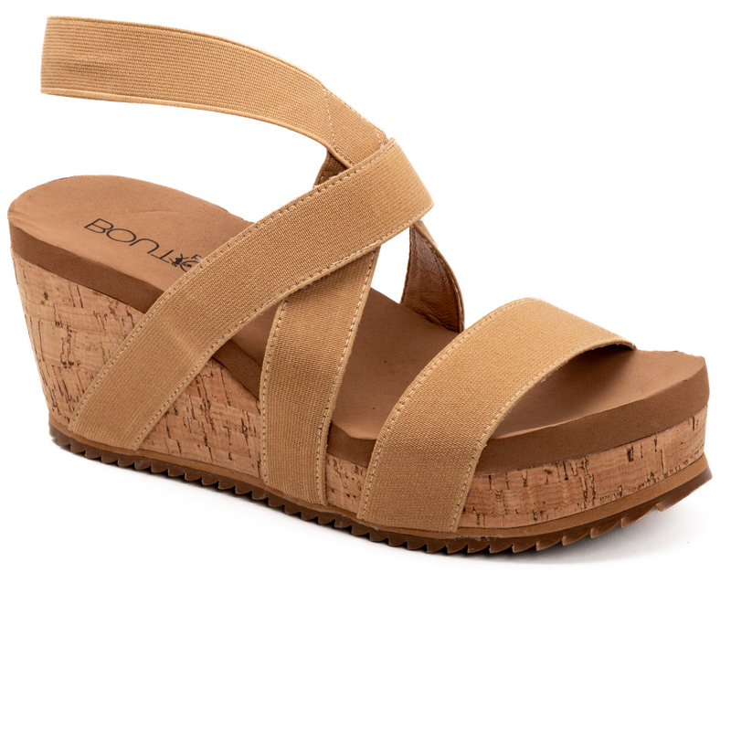 "Quirky" Elastic Strap Cork Wedge Sandal (Camel)-Lola Monroe Boutique