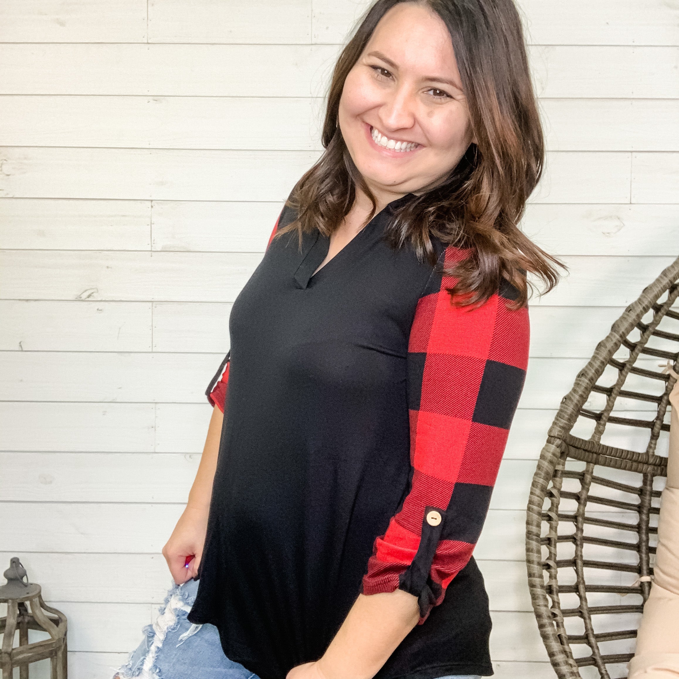 "Rae" 3/4 Sleeve Gabby Style (Buffalo Plaid Accents)-Lola Monroe Boutique