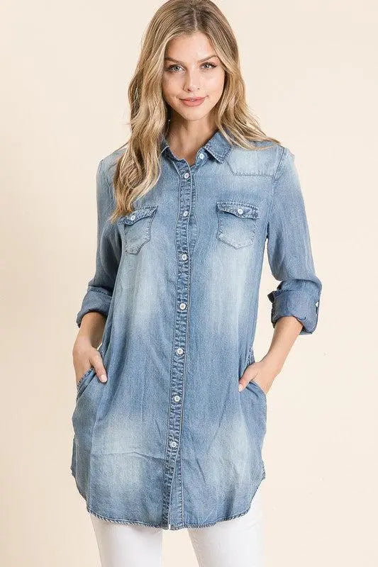 "Range Riding" Denim Buttom Up Tunic with Pockets