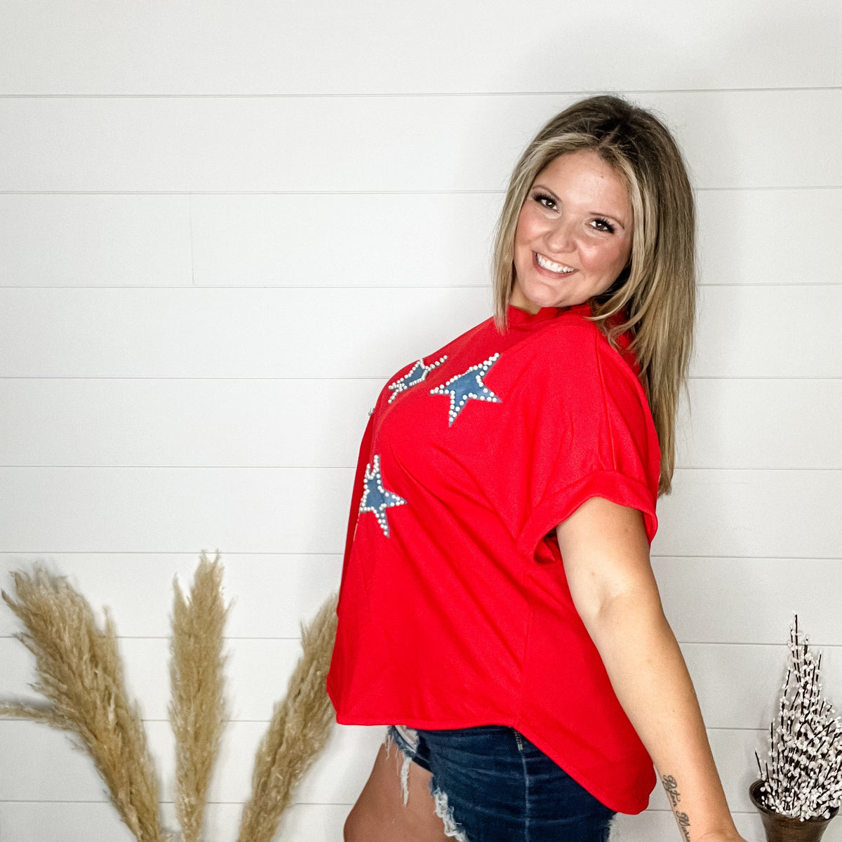 "Reach For The" Stars and Pearl Embellished Short Sleeve-Lola Monroe Boutique