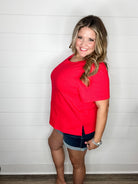 "Rearview" Short Sleeve with Side Slits (Red)-Lola Monroe Boutique