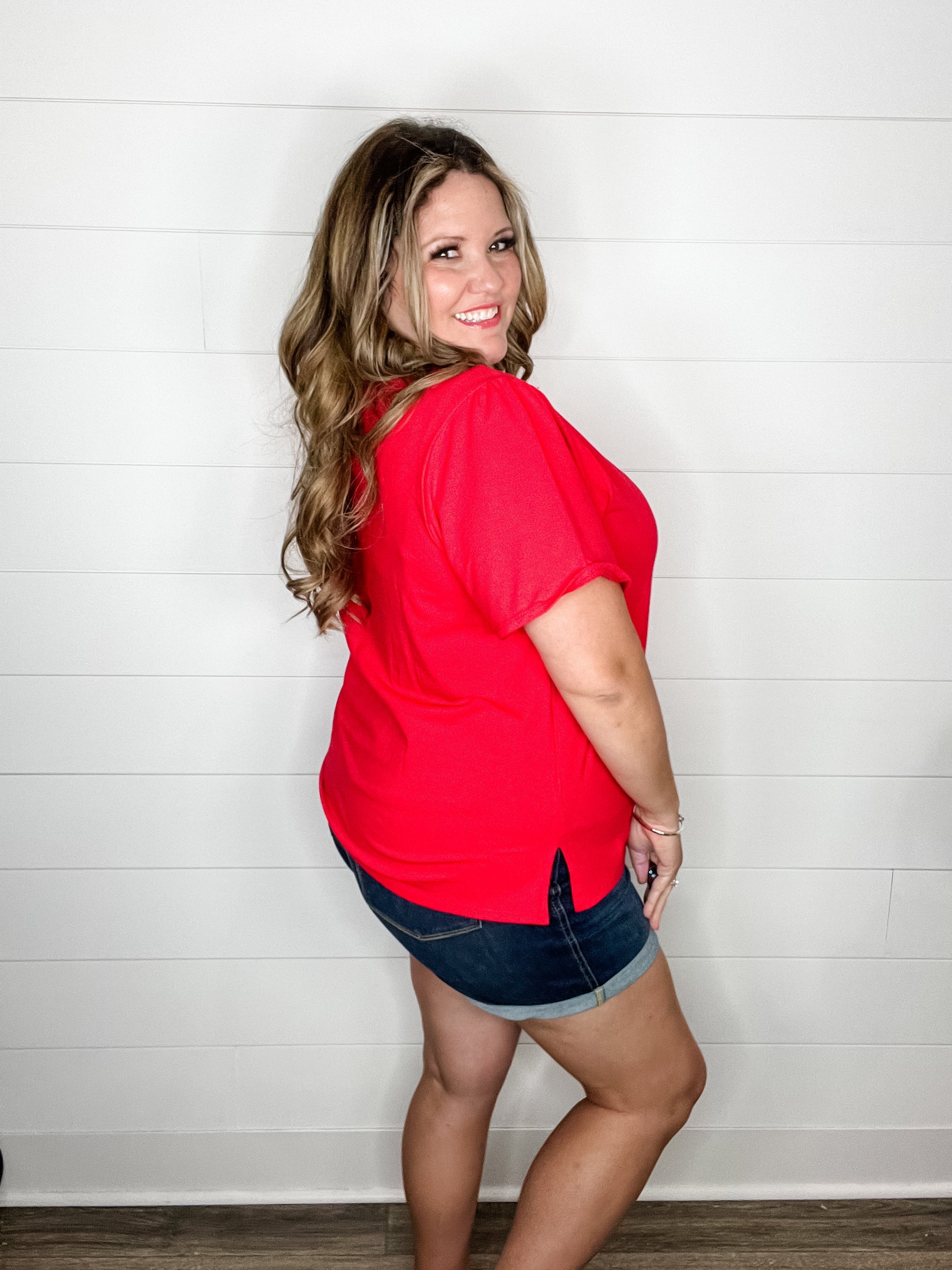 "Rearview" Short Sleeve with Side Slits (Red)-Lola Monroe Boutique