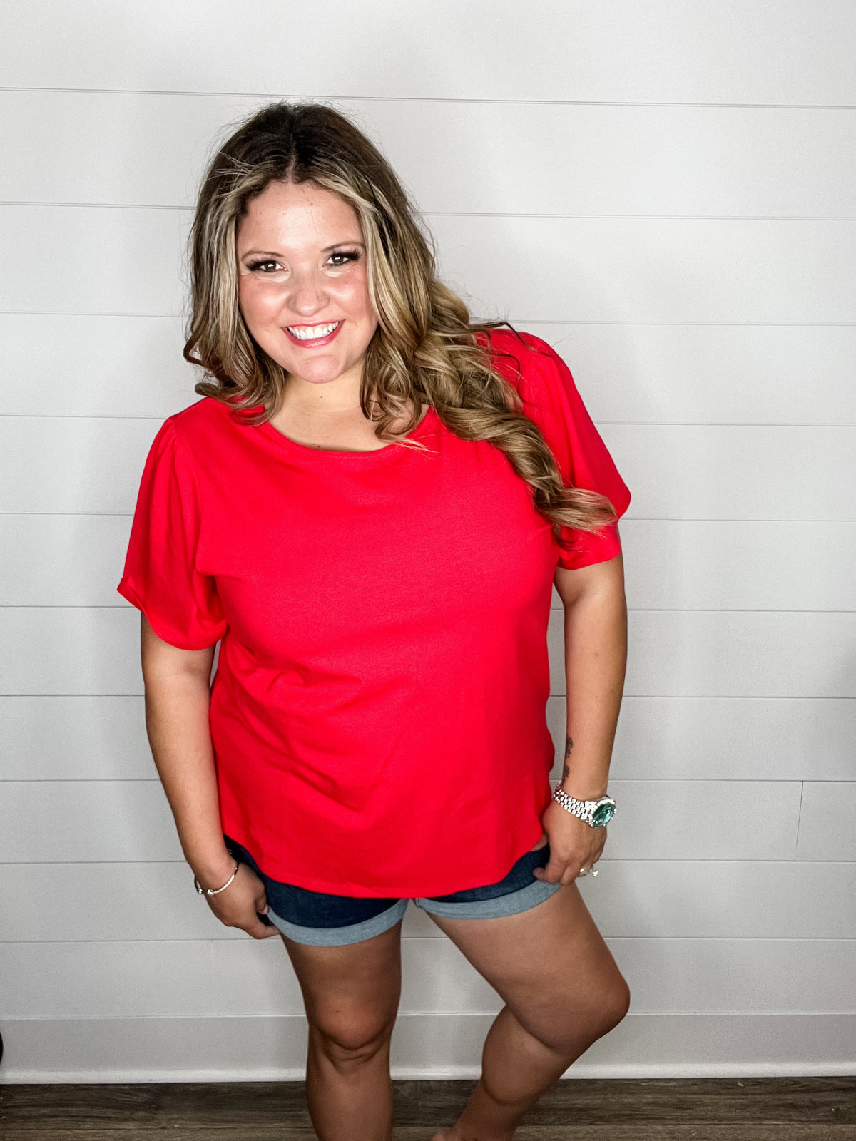 "Rearview" Short Sleeve with Side Slits (Red)-Lola Monroe Boutique