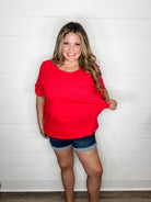 "Rearview" Short Sleeve with Side Slits (Red)-Lola Monroe Boutique