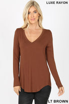 "Rebecca" Long Sleeve V-neck Top (Brown)-Lola Monroe Boutique