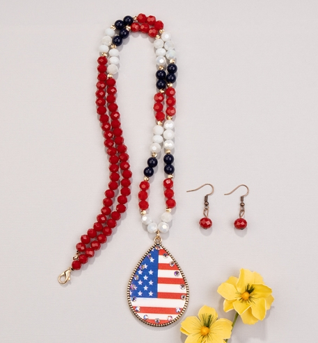 Red, White, Blue and Gold Beaded Necklace with Teardrop Flag-Lola Monroe Boutique