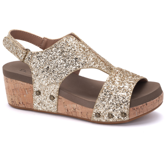 "Refreshing" By Corkys Cork Wedge Sandal (Gold Chunky Glitter)-Lola Monroe Boutique