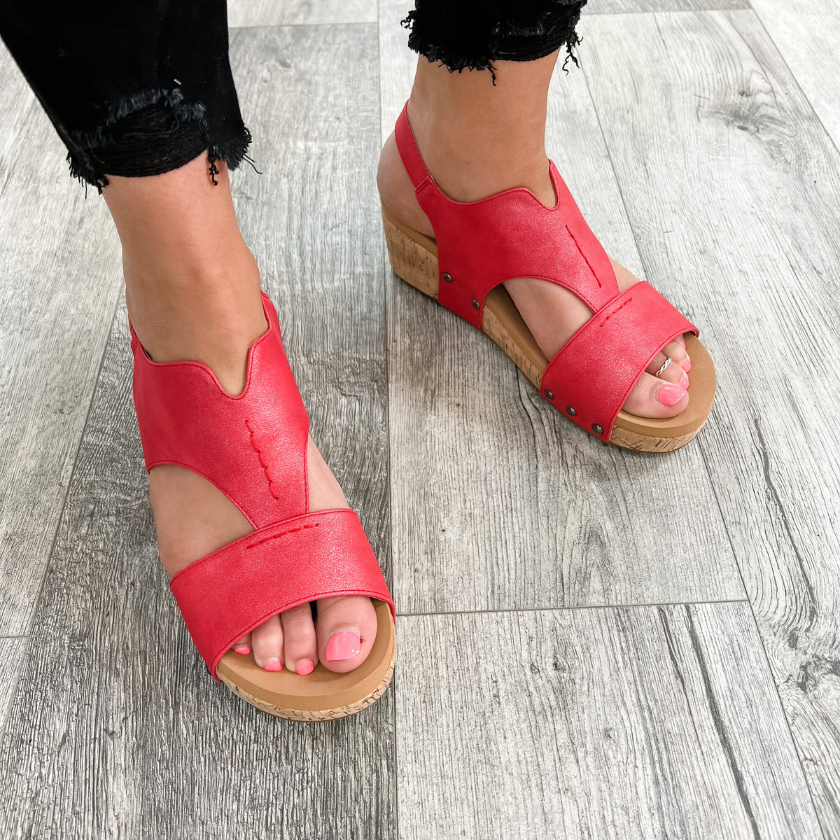 "Refreshing" By Corkys Cork Wedge Sandal (Red)-Lola Monroe Boutique