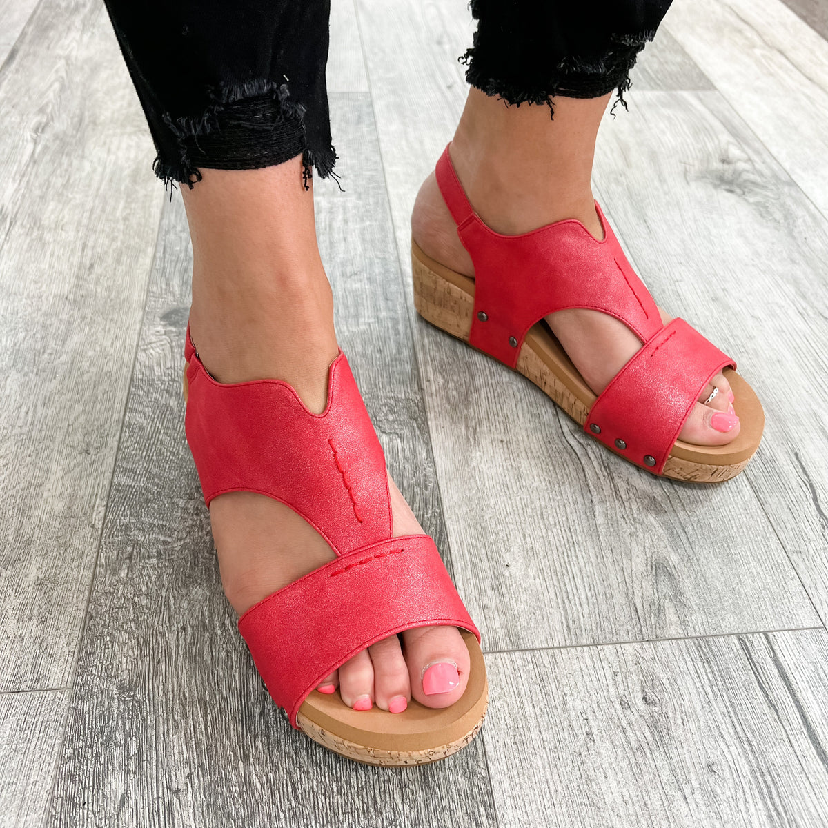 "Refreshing" By Corkys Cork Wedge Sandal (Red)-Lola Monroe Boutique