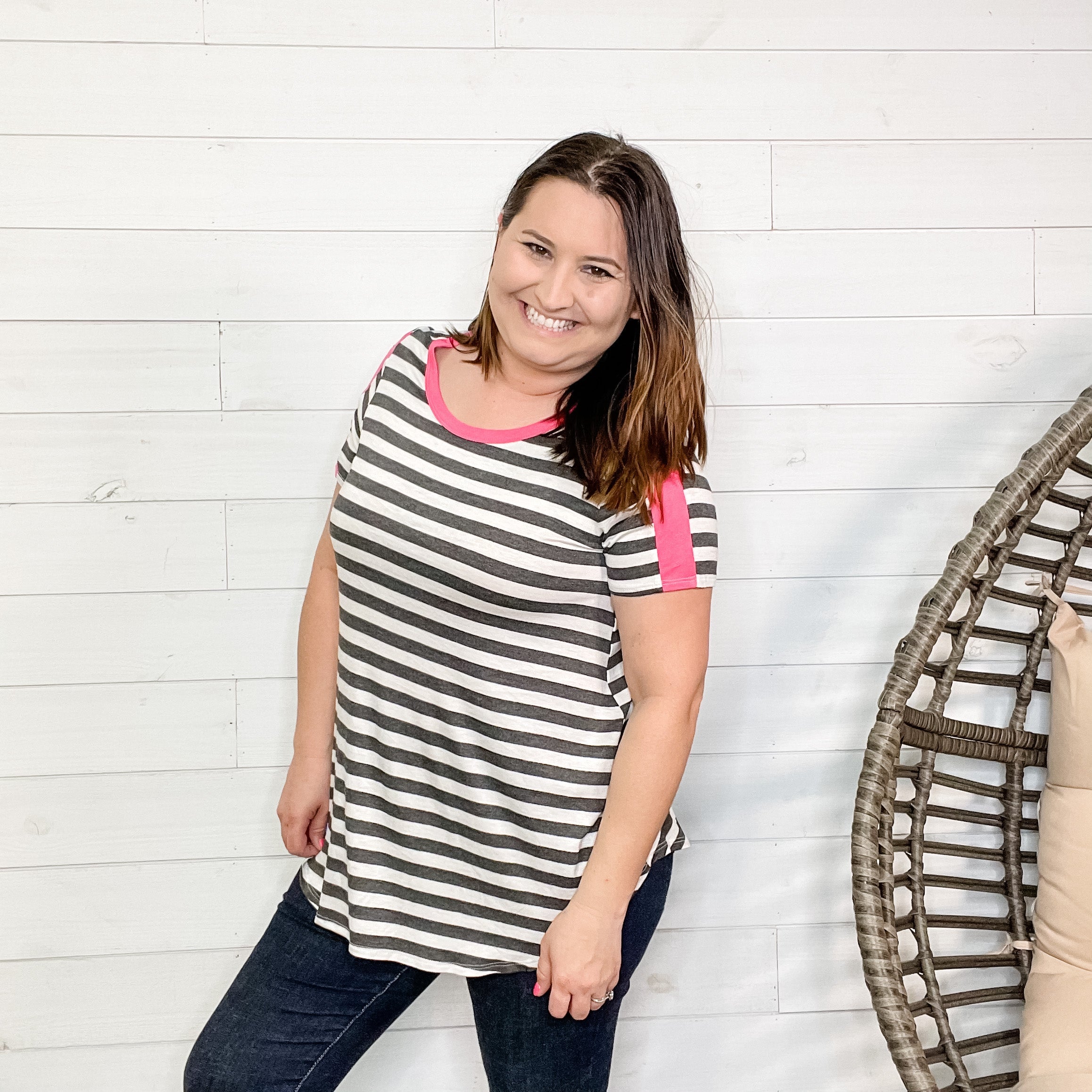 "Remi" Striped Short Sleeve Round Neck-Lola Monroe Boutique