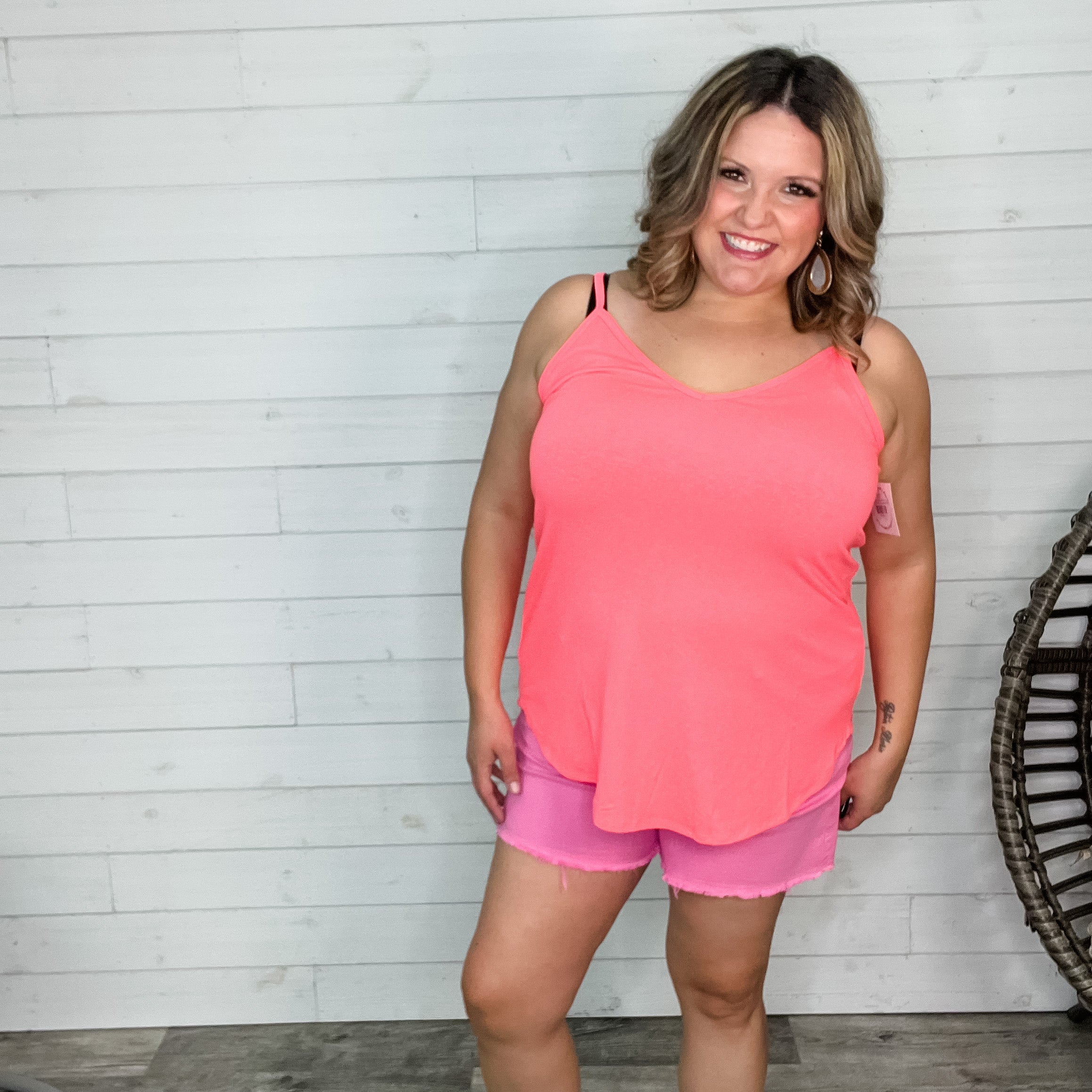 Reversible Spaghetti Strap Tank (Neon Coral Pink)-Lola Monroe Boutique