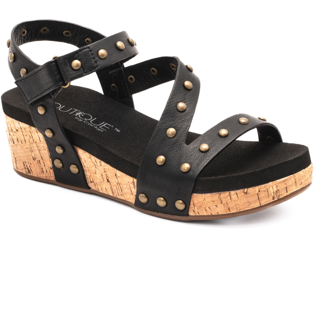 "Revolve" Studded Wedge Sandal (Black)-Lola Monroe Boutique