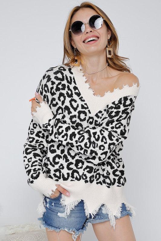 "Rip Roarin" Distressed Animal Print Sweater-Lola Monroe Boutique