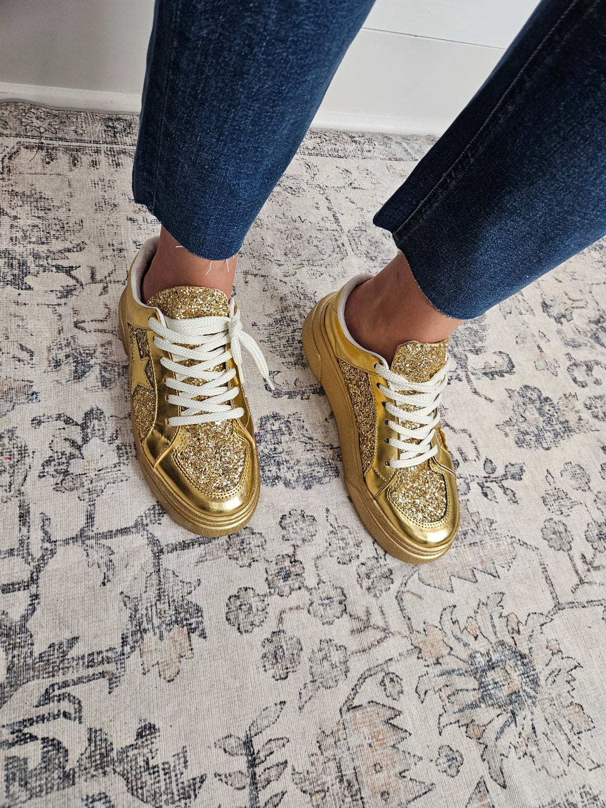 "Aria" Lace Up Platform Tennis Shoe (Gold)