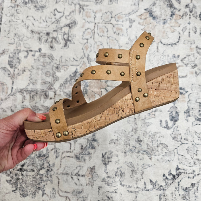 "Revolve" Studded Wedge Sandal (Caramel)