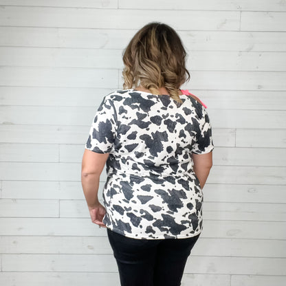 "Roaming" Short Sleeve Cow Print with Pink Bow