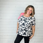 "Roaming" Short Sleeve Cow Print with Pink Bow-Lola Monroe Boutique