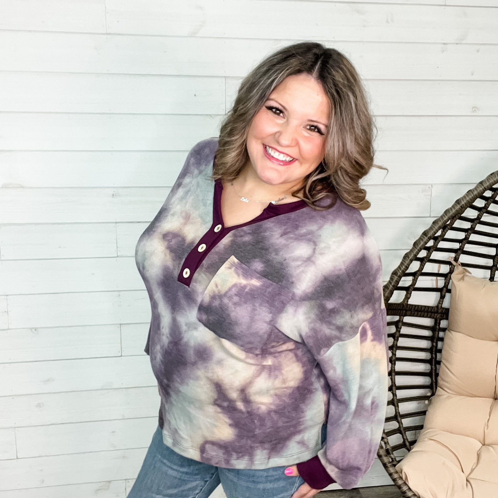"Rochell" Long Sleeve Faux Button Tie Dye