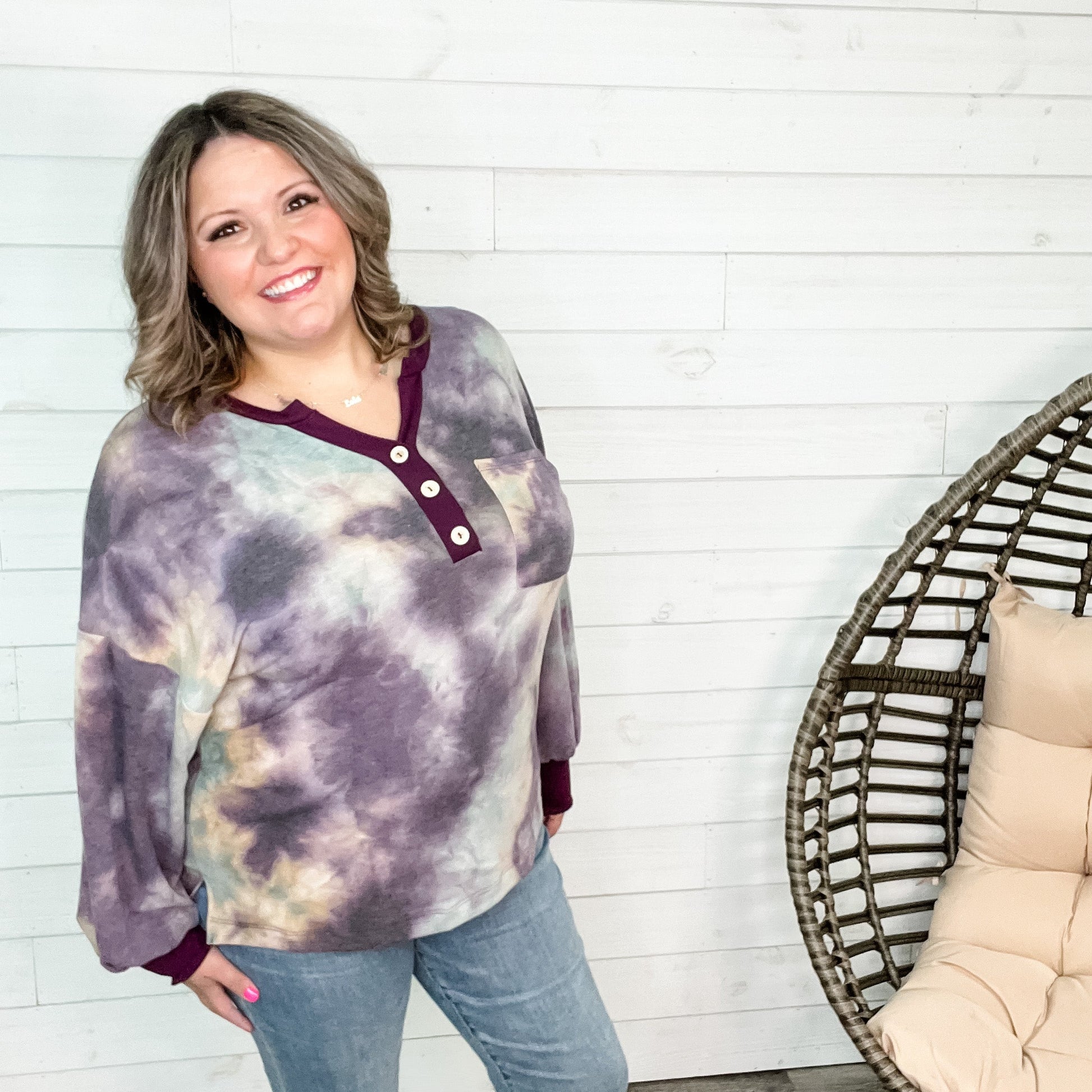 "Rochell" Long Sleeve Faux Button Tie Dye