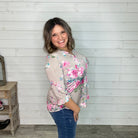 "Rochelle" Floral Split Neck 3/4 Sleeve Ruffle Cuff-Lola Monroe Boutique