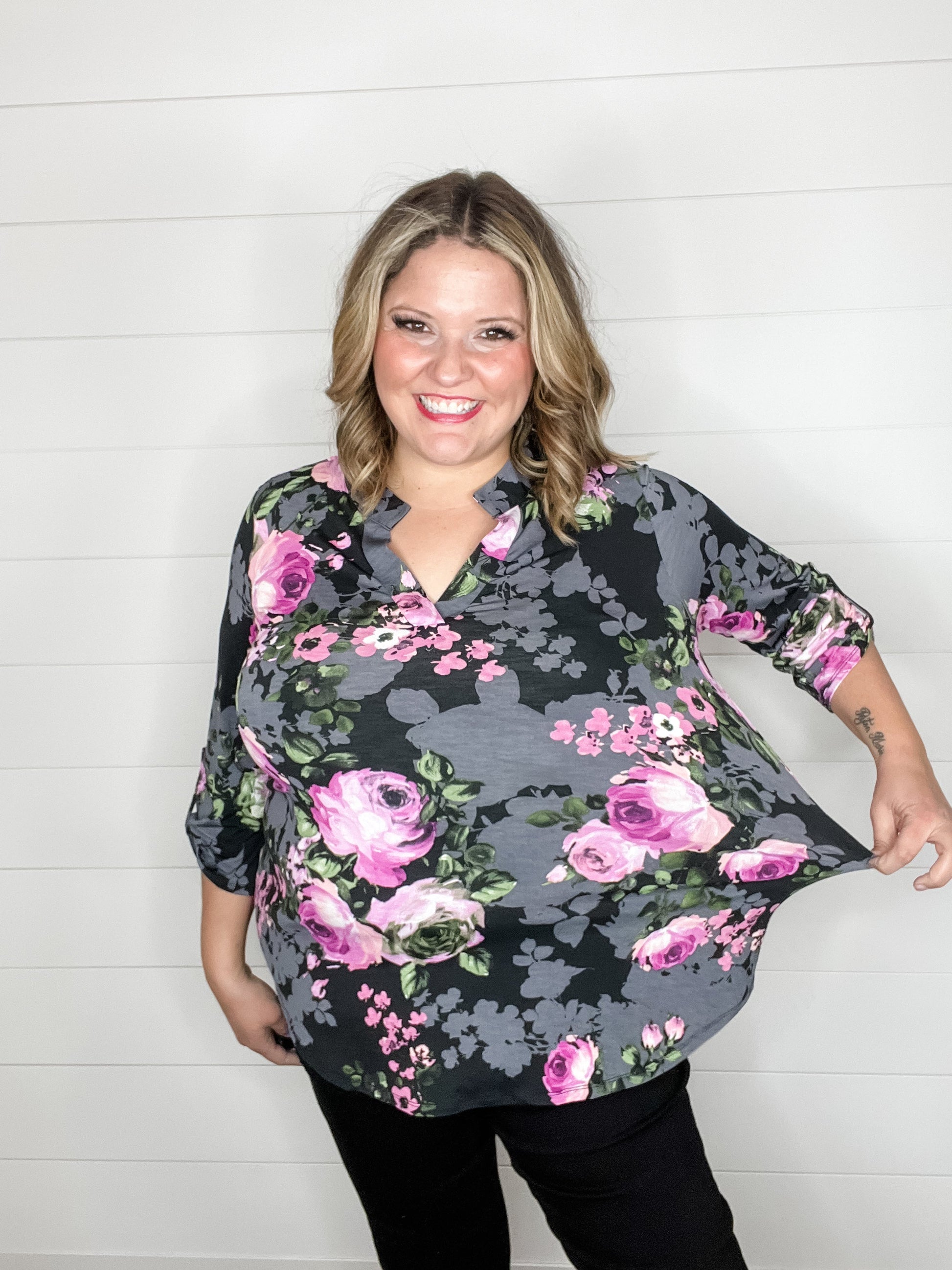 "Romancing" Floral Lizzy 3/4 Sleeve Split Neck