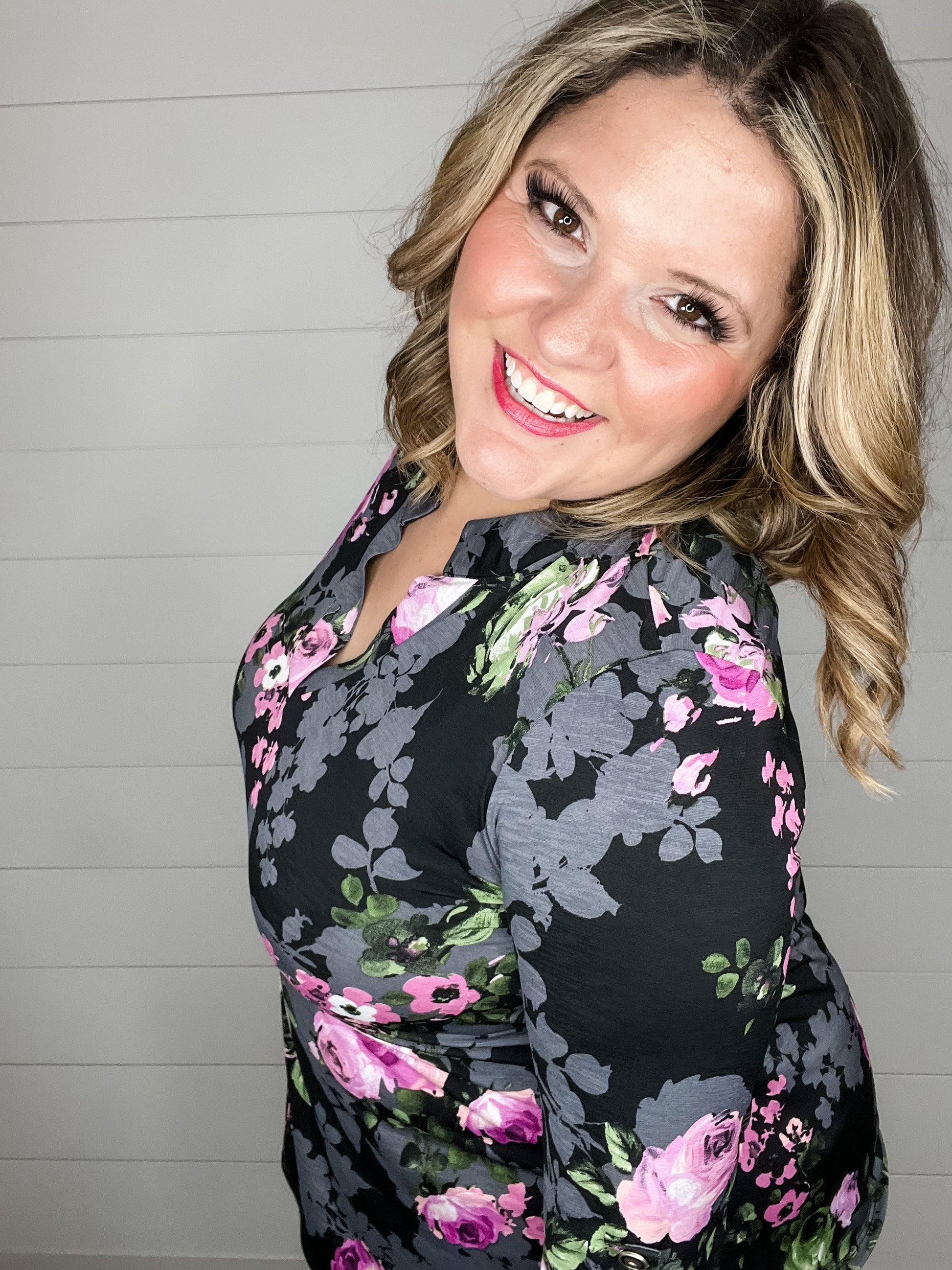 "Romancing" Floral Lizzy 3/4 Sleeve Split Neck