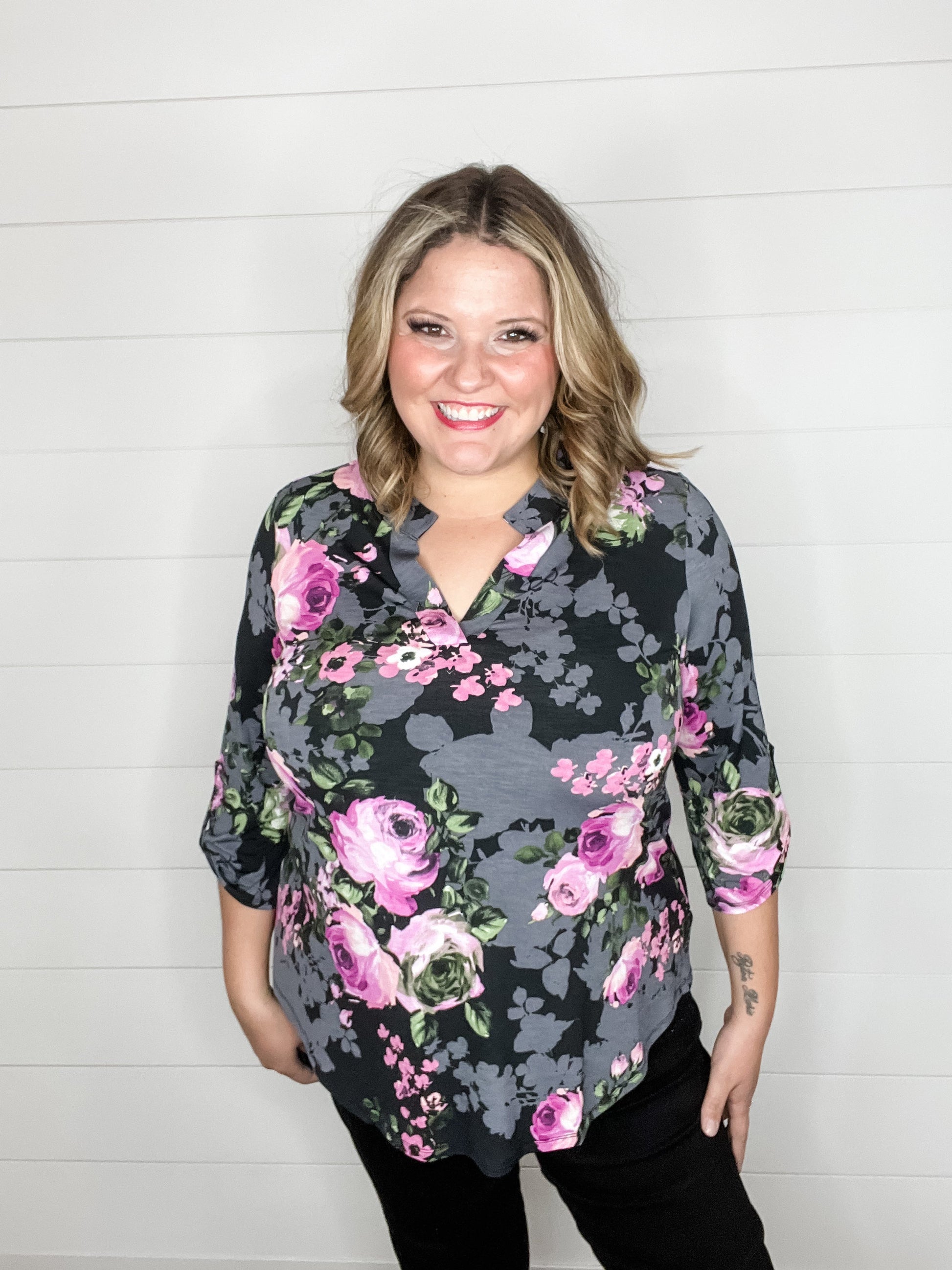 "Romancing" Floral Lizzy 3/4 Sleeve Split Neck