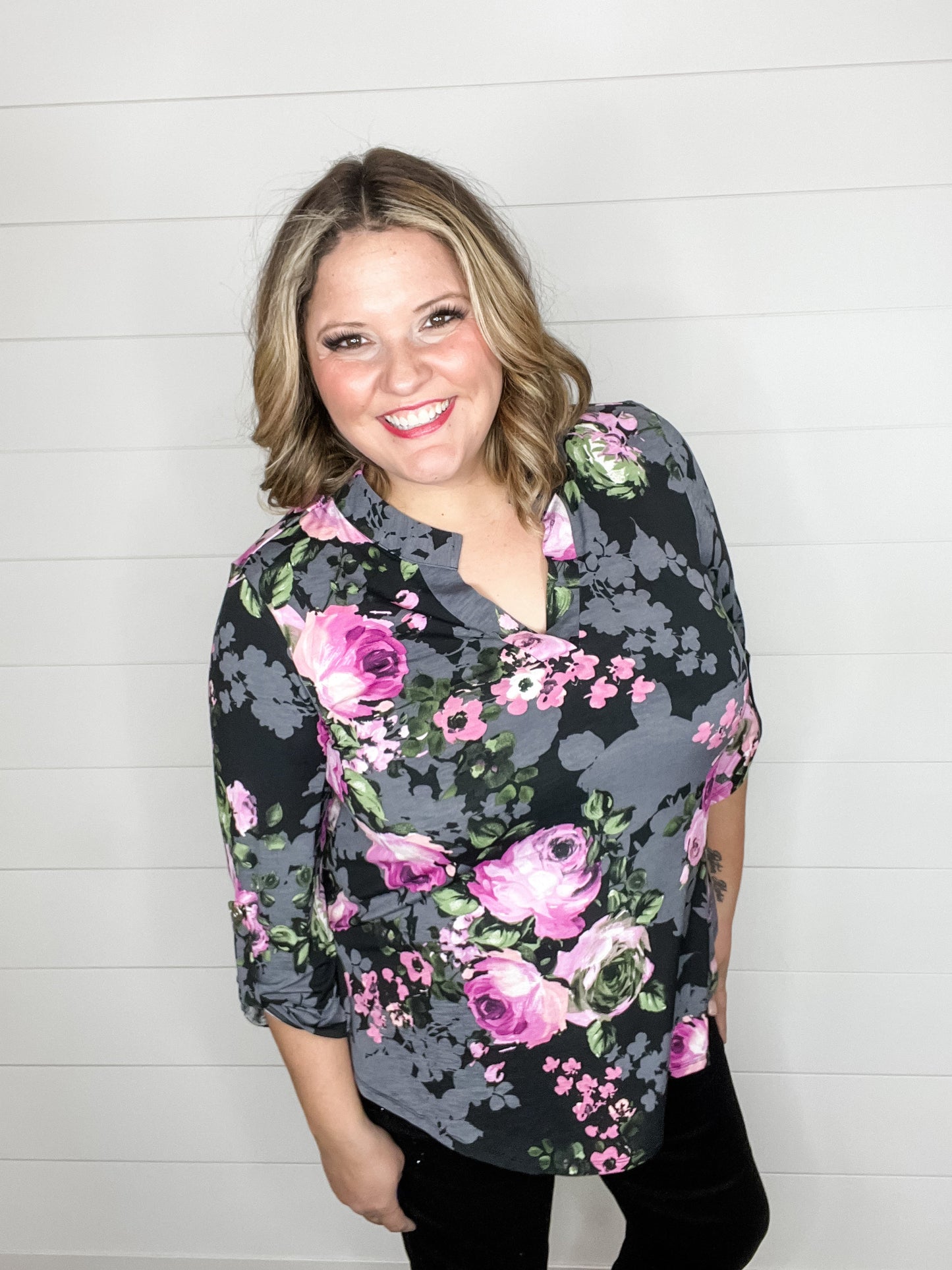 "Romancing" Floral Lizzy 3/4 Sleeve Split Neck
