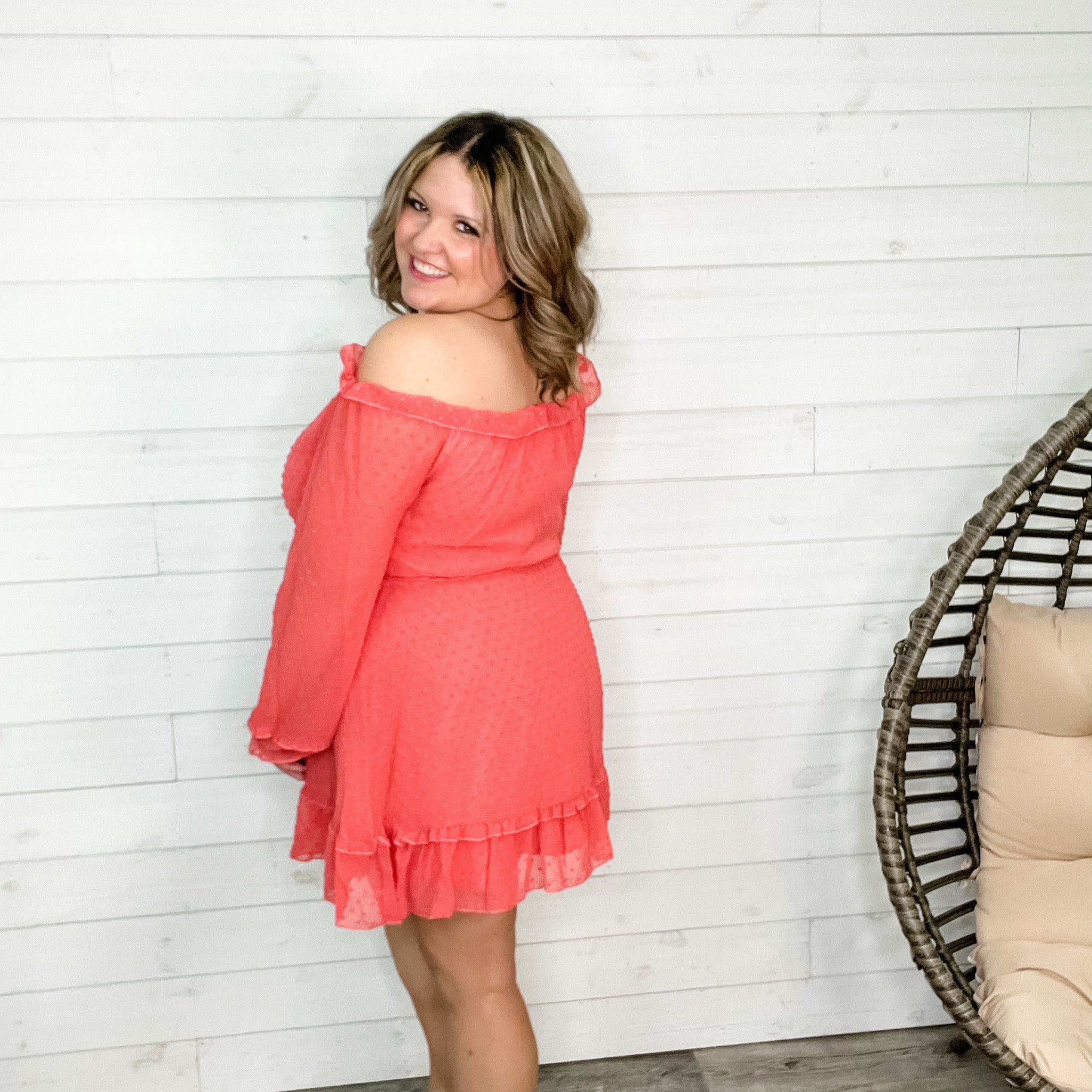 "Romantic" Long Sleeve Off the Shoulder Ruffle Dress (Coral)-Lola Monroe Boutique