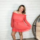 "Romantic" Long Sleeve Off the Shoulder Ruffle Dress (Coral)-Lola Monroe Boutique