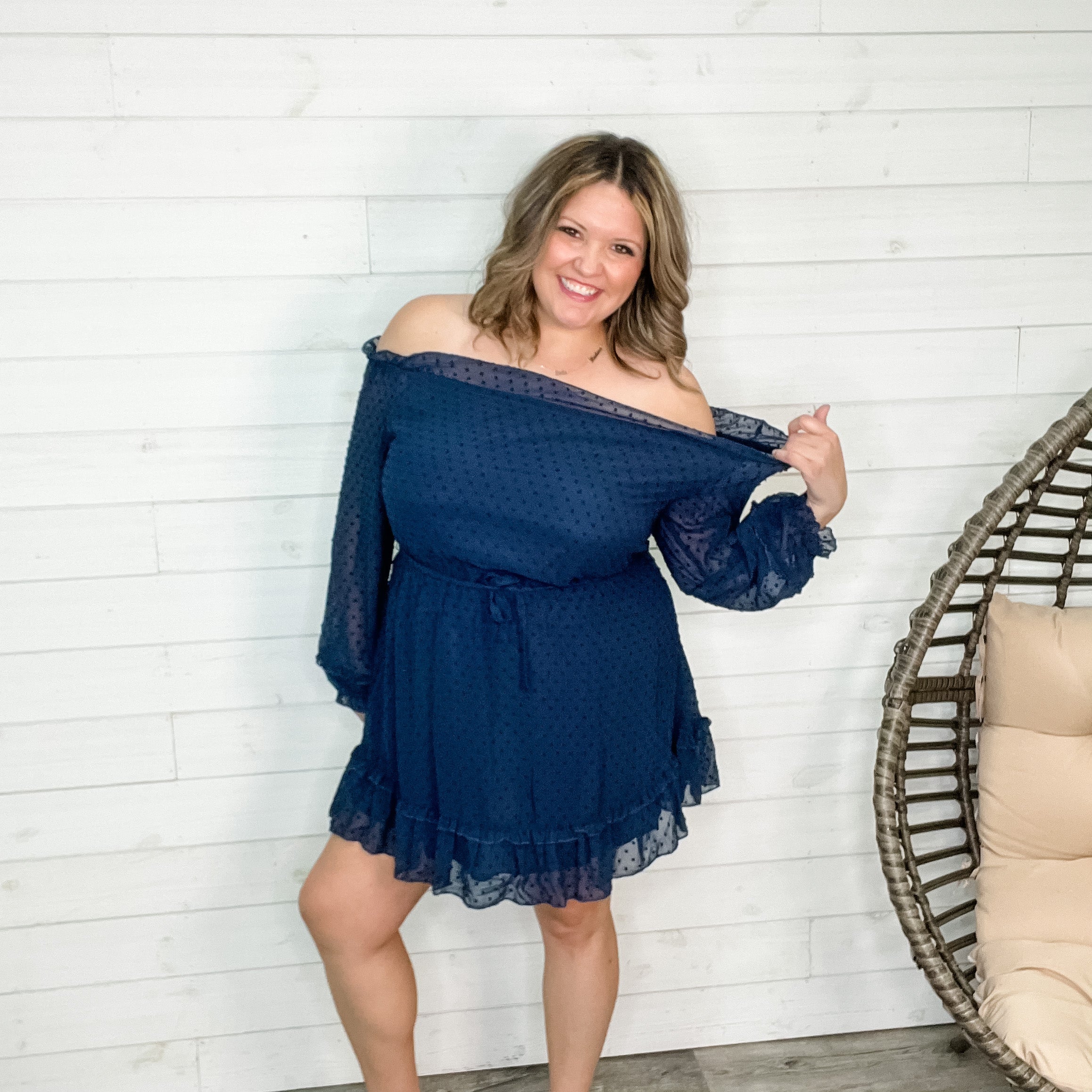 "Romantic" Long Sleeve Off the Shoulder Ruffle Dress (Navy)-Lola Monroe Boutique