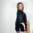 "Roosevelt" Short Sleeve Sparkle Cardigan with Double Ruffle Sleeve (Black)-Lola Monroe Boutique