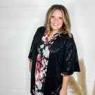 "Roosevelt" Short Sleeve Sparkle Cardigan with Double Ruffle Sleeve (Black)-Lola Monroe Boutique