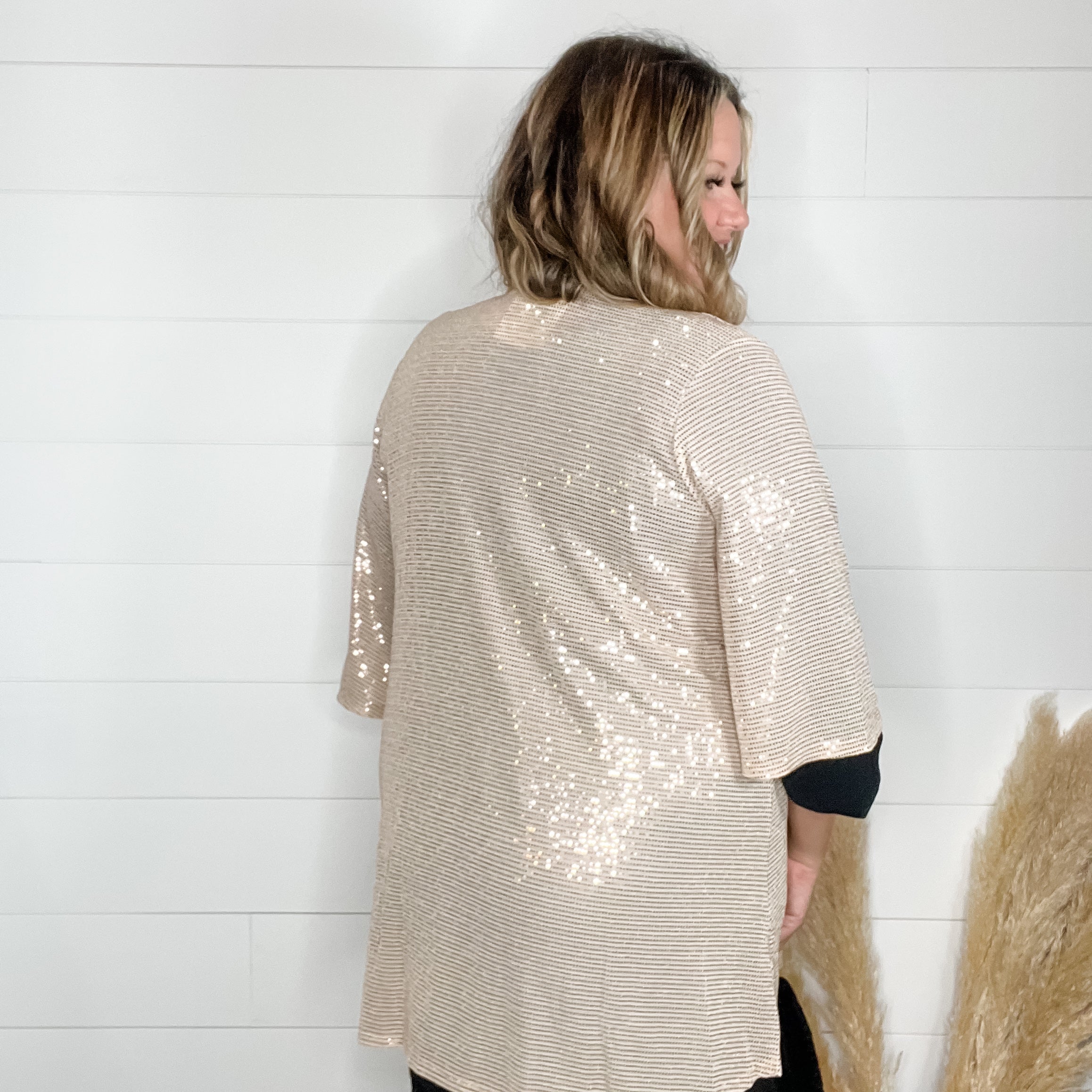 "Roosevelt" Short Sleeve Sparkle Cardigan with Double Ruffle Sleeve (Champagne)-Lola Monroe Boutique