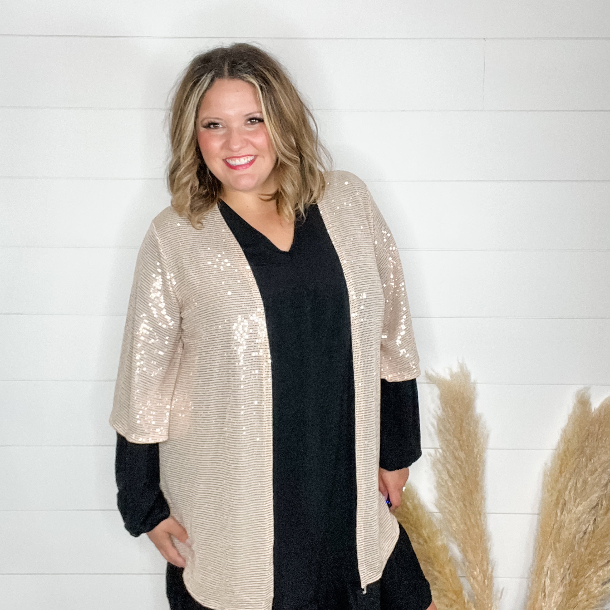 "Roosevelt" Short Sleeve Sparkle Cardigan with Double Ruffle Sleeve (Champagne)-Lola Monroe Boutique